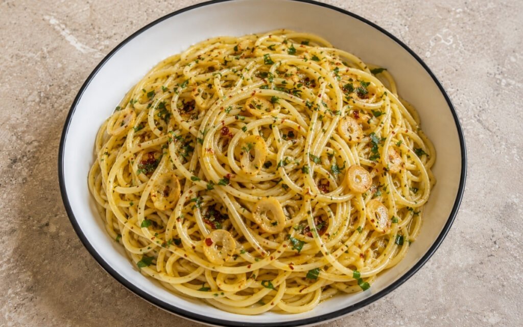 Aglio e olio pasta with spaghetti coated in glossy olive oil, paper-thin golden garlic slices, red pepper flakes and roughly chopped fresh parsley in a white ceramic bowl with black rim
