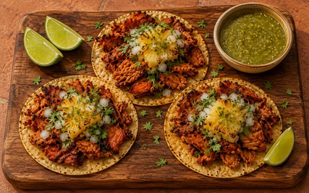 Open-faced al pastor tacos on small corn tortillas showing charred red-orange pork, grilled pineapple slice, diced white onion, and fresh cilantro, with a small bowl of salsa verde and lime wedges on marble surface