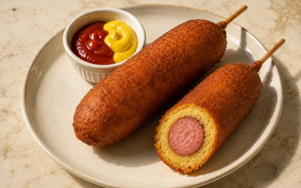 Golden-brown American corn dogs on wooden sticks with one cut open showing the frankfurter inside the crisp cornmeal batter shell, served with ketchup and mustard on marble surface