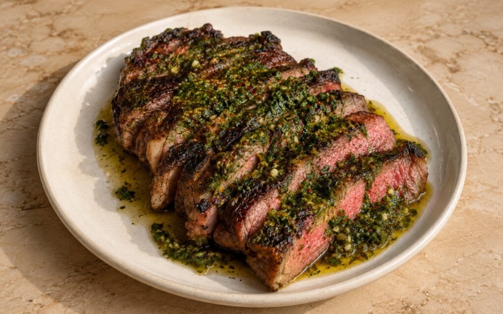 Sliced Argentine chimichurri steak showing deeply charred crust and pink medium-rare centre, topped with vivid green chimichurri on marble surface