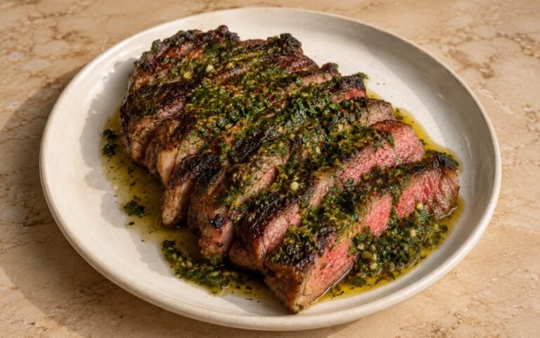 Sliced Argentine chimichurri steak showing deeply charred crust and pink medium-rare centre, topped with vivid green chimichurri on marble surface