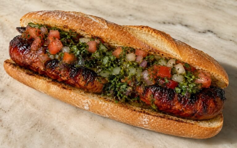 Argentine choripán sandwich showing charred butterflied chorizo in a toasted golden roll, topped with vivid green chimichurri and tomato-shallot salsa on marble surface