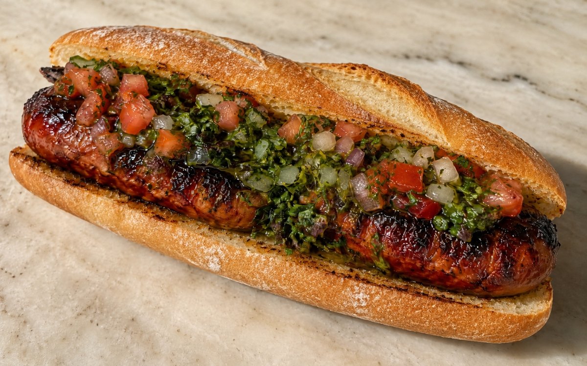 Argentine choripán sandwich showing charred butterflied chorizo in a toasted golden roll, topped with vivid green chimichurri and tomato-shallot salsa on marble surface