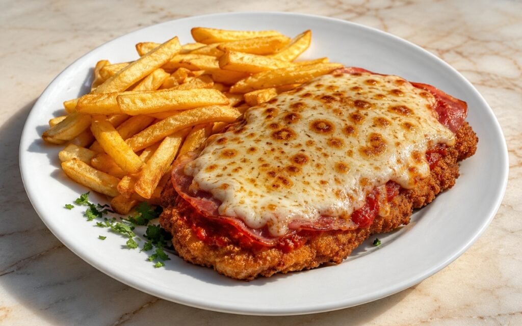 Argentine milanesa napolitana showing a golden breaded chicken cutlet topped with tomato sauce, smoked ham, and melted bubbling mozzarella, beside crispy golden fries on marble surface