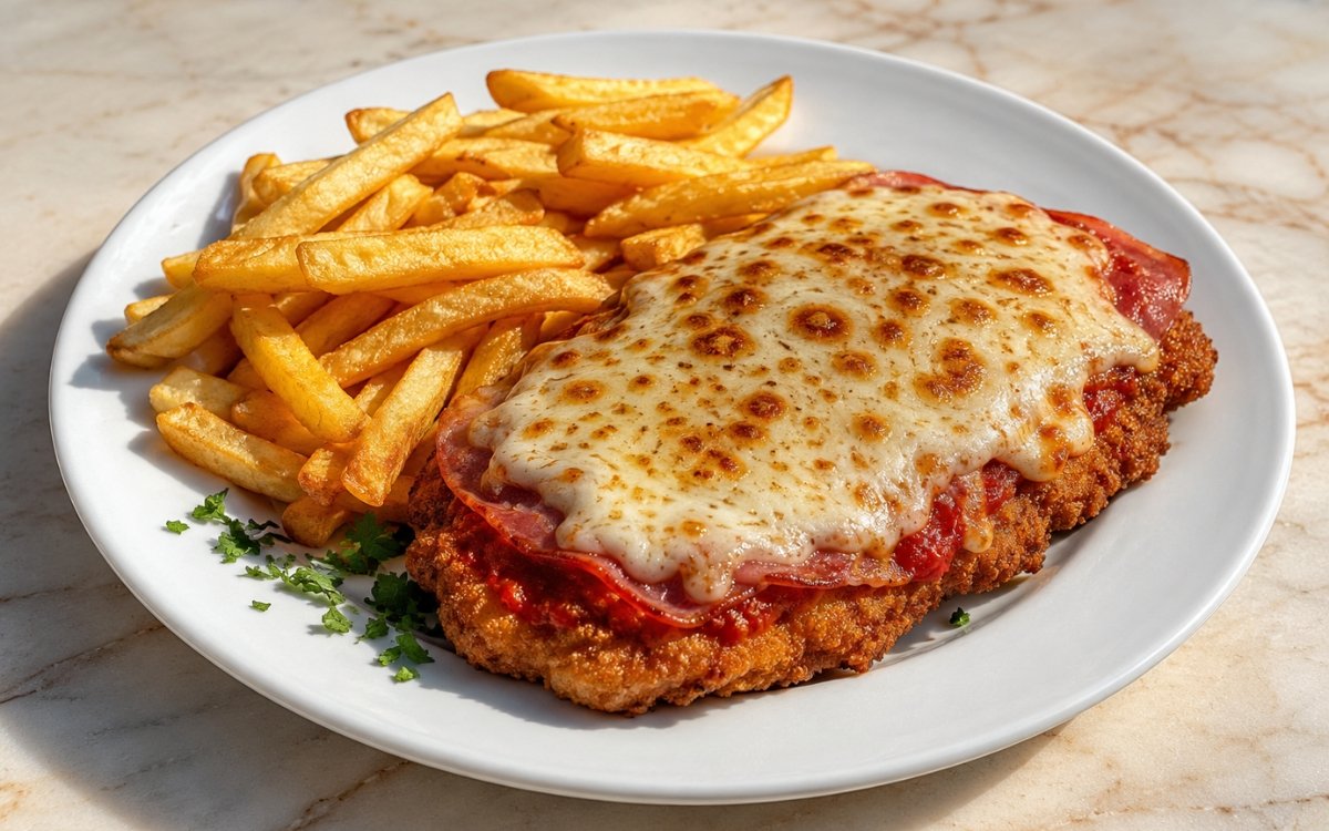 Argentine milanesa napolitana showing a golden breaded chicken cutlet topped with tomato sauce, smoked ham, and melted bubbling mozzarella, beside crispy golden fries on marble surface