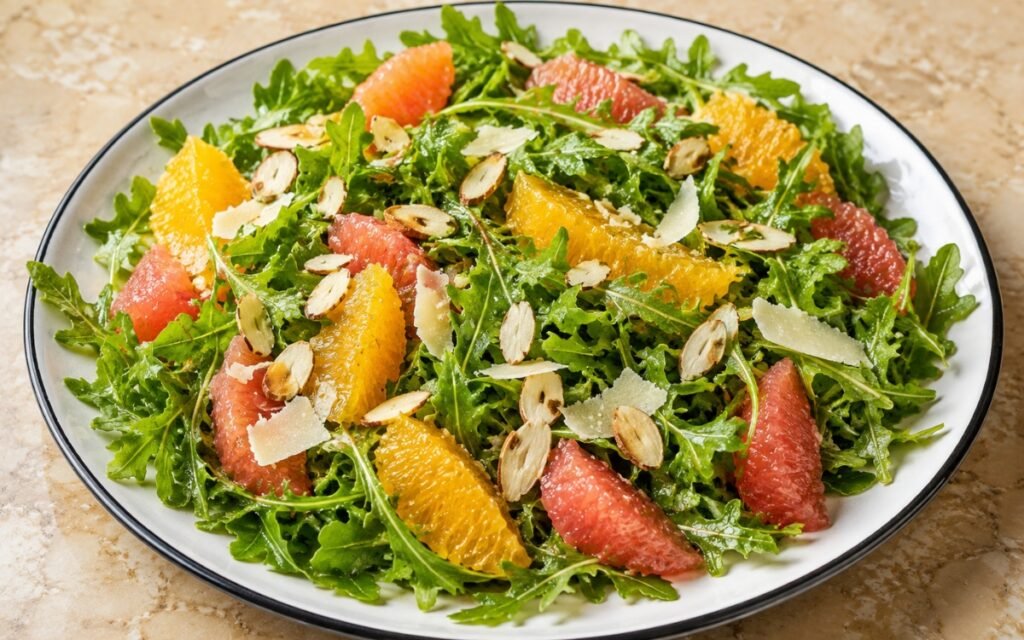 Bowl of arugula citrus salad with orange and grapefruit segments, toasted almonds, and shaved Parmesan