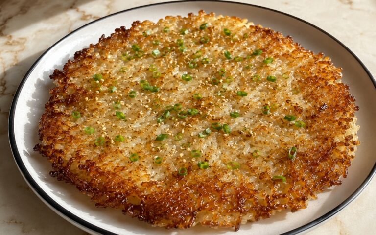 Asian crispy rice golden and crunchy garnished with green onions and sesame seeds