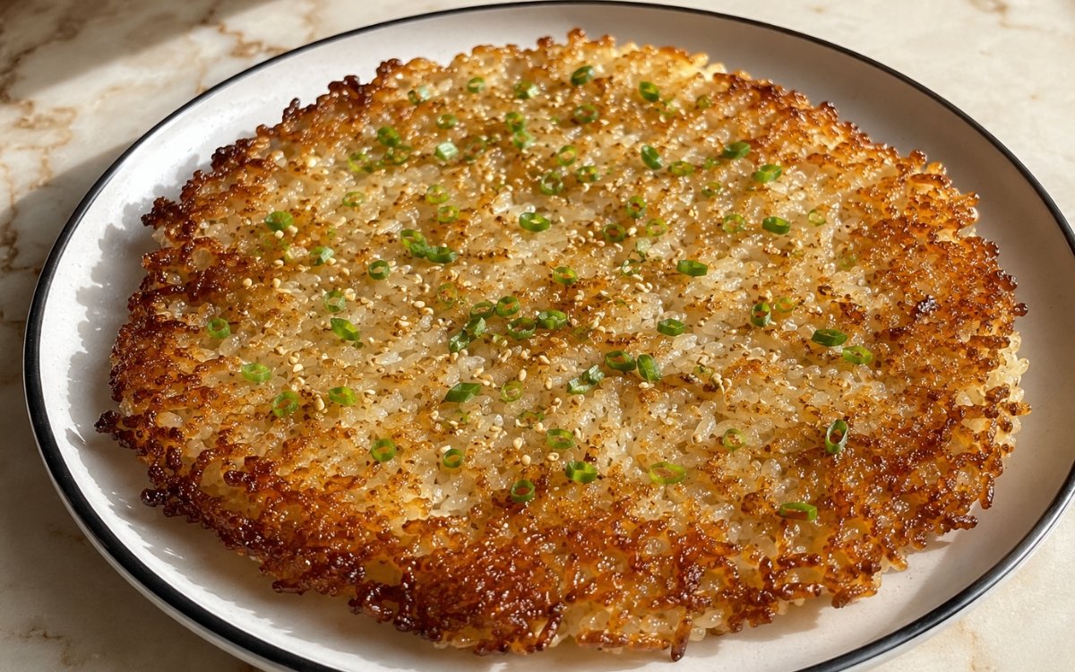 Asian crispy rice golden and crunchy garnished with green onions and sesame seeds