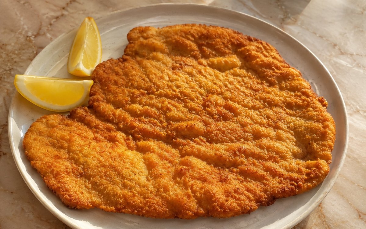 Austrian pork schnitzel with golden wavy crust served with lemon wedges