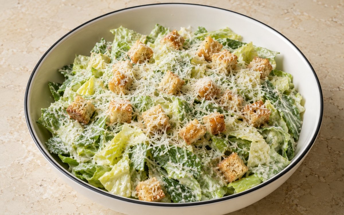 Authentic Caesar side salad with romaine lettuce, Parmesan cheese, and croutons on a white plate