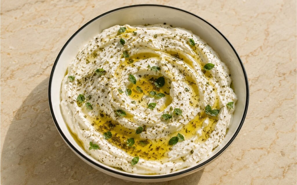 Authentic labneh in a wide white bowl showing creamy white surface with olive oil well, generous za'atar garnish, and warm pita bread beside it on marble surface
