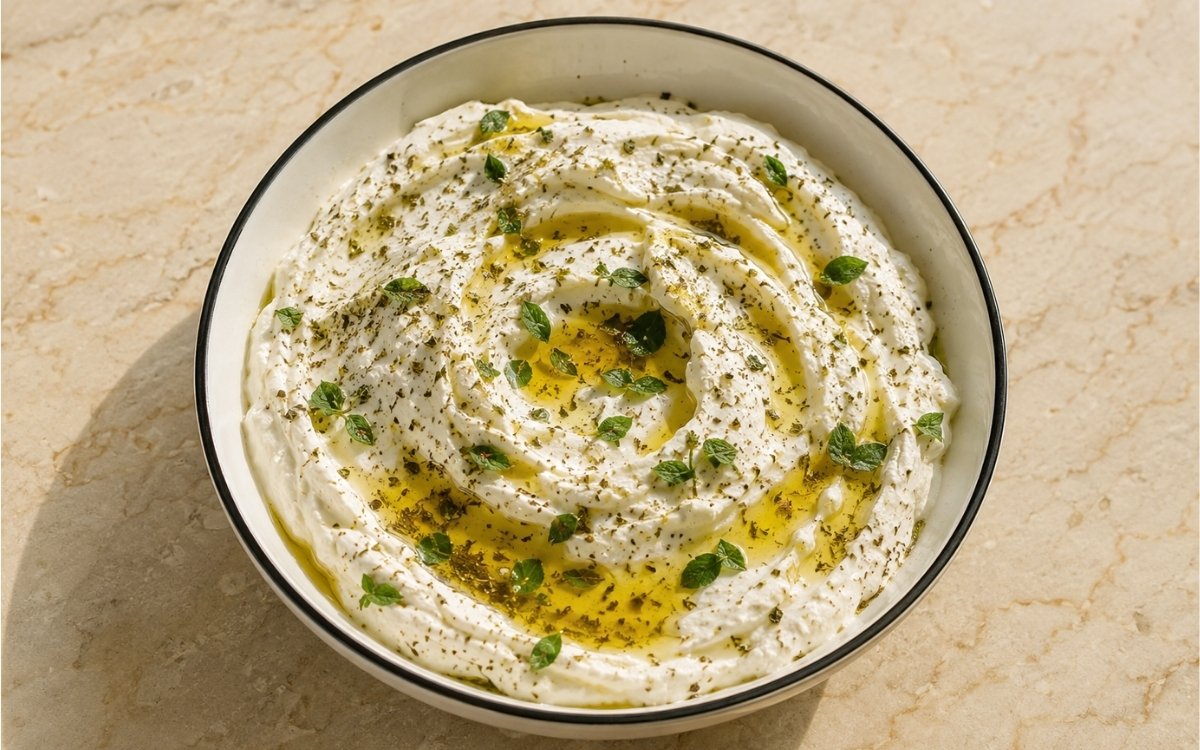 Authentic labneh in a wide white bowl showing creamy white surface with olive oil well, generous za'atar garnish, and warm pita bread beside it on marble surface
