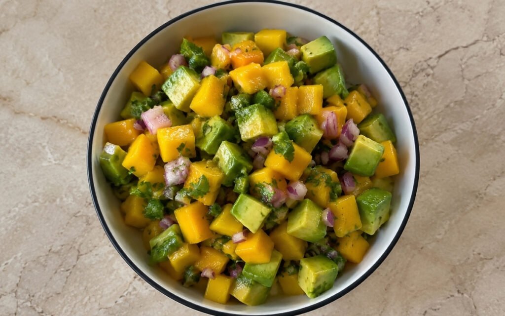 Avocado and mango salsa in a white bowl showing orange mango cubes, green avocado, red onion, fresh cilantro, and lime wedges on marble surface