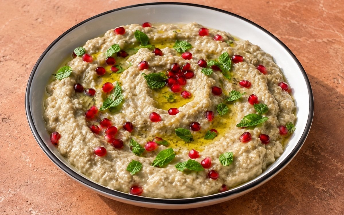 Baba ganoush in a shallow bowl showing a creamy, slightly coarse smoky eggplant spread with a well of olive oil in the centre, pomegranate seeds, fresh mint leaves, and a dusting of cumin on marble surface