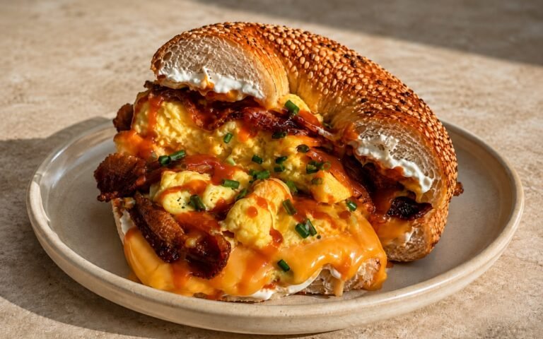 Bacon egg and cheese bagel on marble surface showing toasted bagel loaded with crispy bacon, melted cheese, a golden structured egg, cream cheese, sriracha drizzle, and chopped chives — sliced diagonally showing all layers