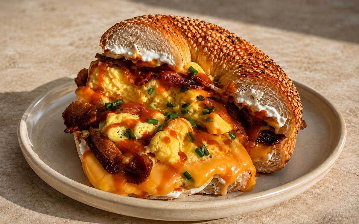 Bacon egg and cheese bagel on marble surface showing toasted bagel loaded with crispy bacon, melted cheese, a golden structured egg, cream cheese, sriracha drizzle, and chopped chives — sliced diagonally showing all layers