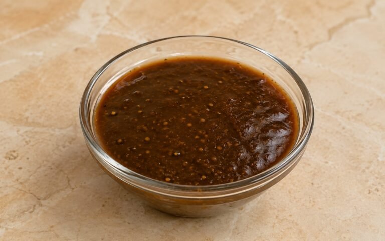 Balsamic Dijon dressing in a small glass jar showing dark, glossy dressing with visible emulsification