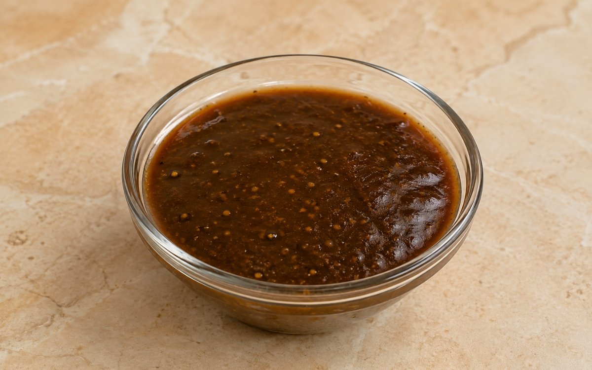 Balsamic Dijon dressing in a small glass jar showing dark, glossy dressing with visible emulsification