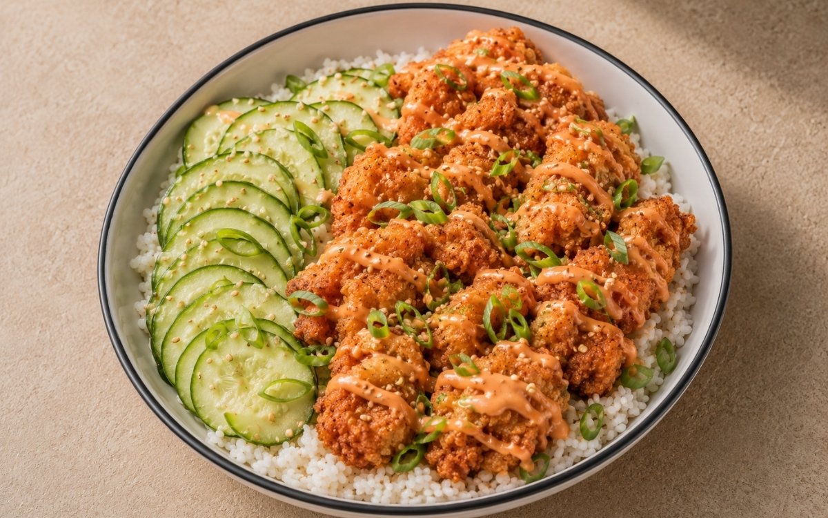 Bang Bang chicken bowl with crispy panko chicken pieces in pink-orange Bang Bang sauce over jasmine rice with cucumber, scallions and sesame seeds in a white ceramic bowl with black rim