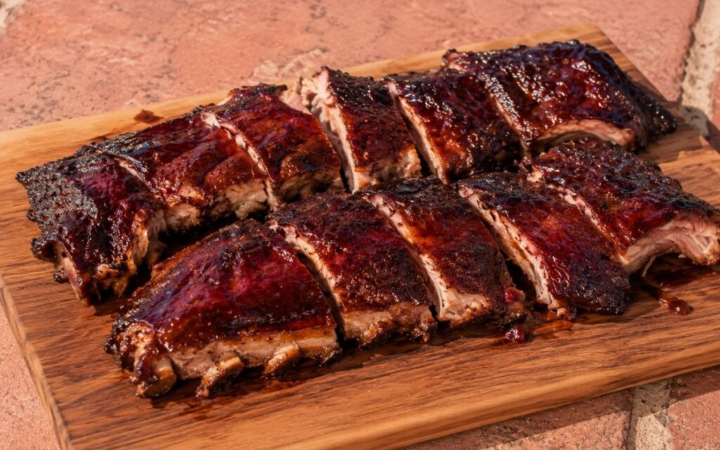 Glazed BBQ baby back ribs showing dark mahogany, sticky chipotle barbecue sauce with visible grill char on marble surface