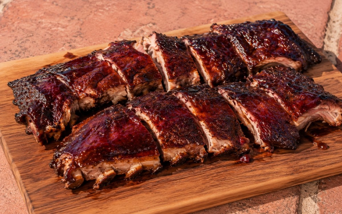 Glazed BBQ baby back ribs showing dark mahogany, sticky chipotle barbecue sauce with visible grill char on marble surface