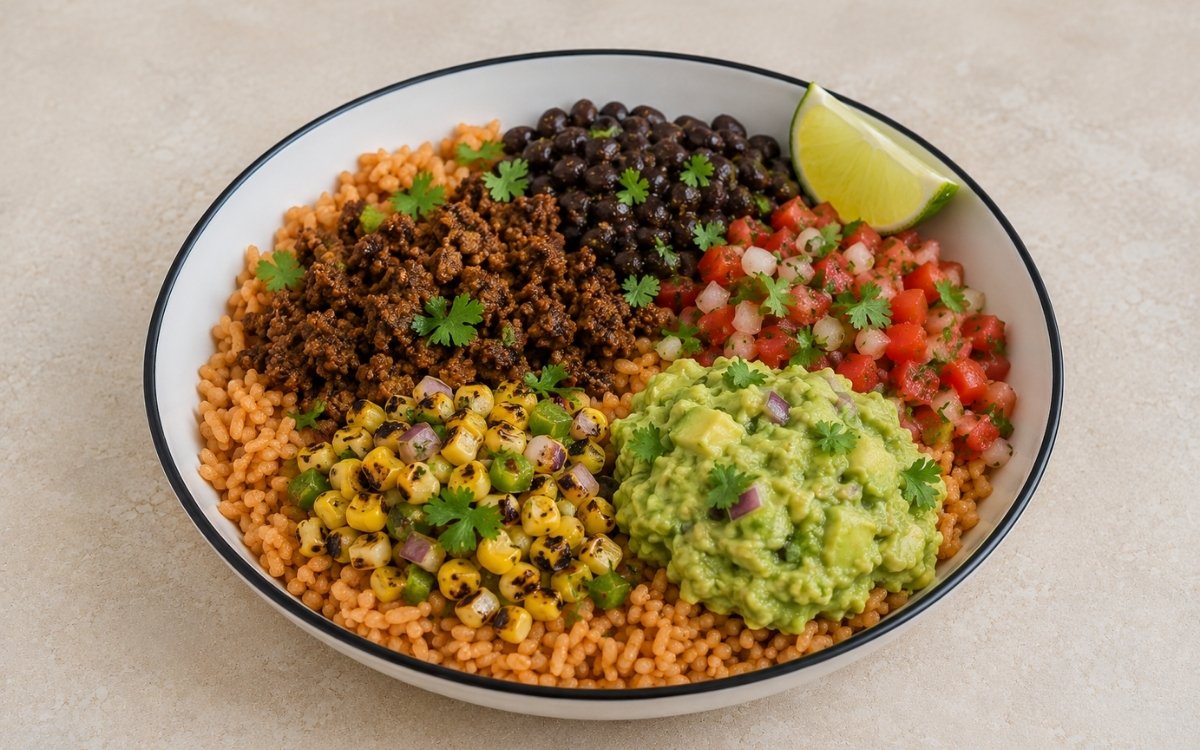 Beef burrito rice bowl with seasoned ground beef over Mexican tomato rice, black beans, pico de gallo, fresh guacamole, charred corn salsa and cilantro in a white ceramic bowl with black rim