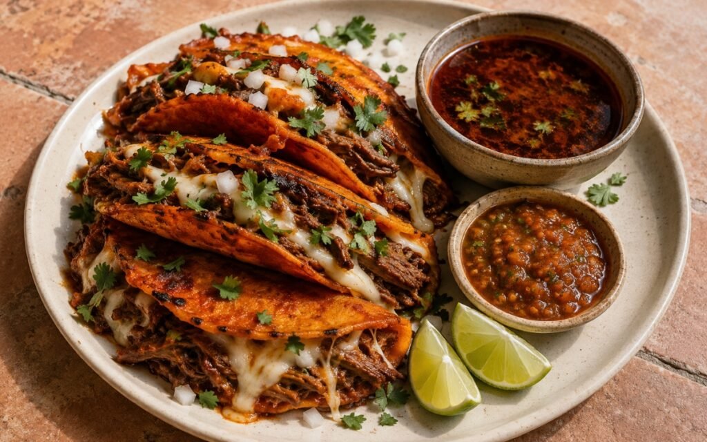Three quesabirria tacos on a plate showing deep red-orange crisp fried tortilla shells with melted Oaxaca cheese and shredded beef, beside a small cup of dark ruby consommé, lime wedges, and fresh cilantro on marble surface