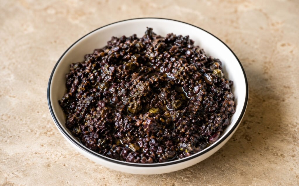 Black olive tapenade in a small bowl showing the coarse, deeply coloured, glossy spread with visible thyme and lemon zest throughout, finished with an olive oil drizzle on marble surface