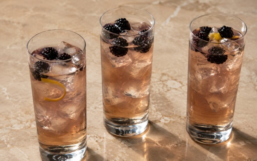 Blackberry jasmine iced tea in a tall glass showing deep purple-red still drink over ice with fresh blackberries on marble surface