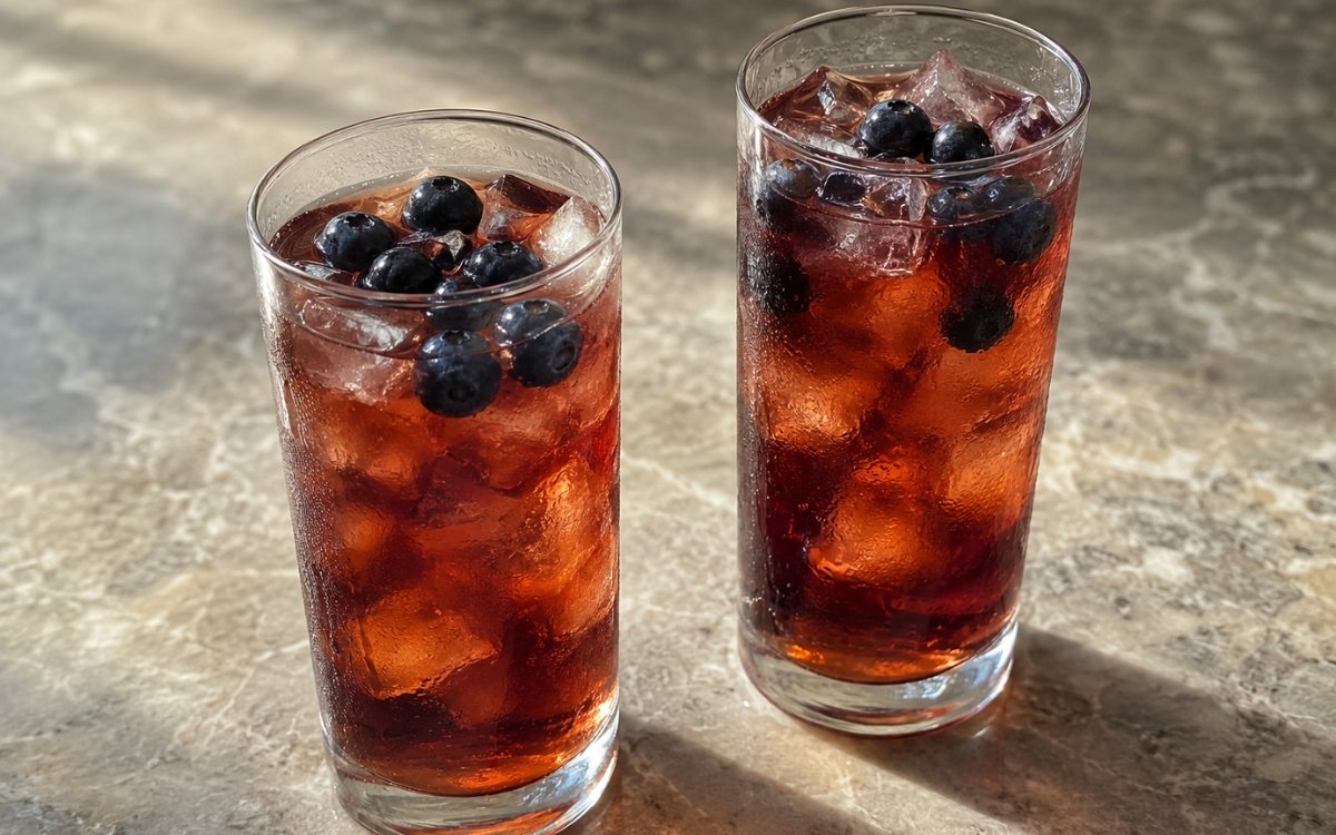 Blueberry black iced tea in a tall glass showing deep amber-purple still drink over ice with fresh blueberries on marble surface
