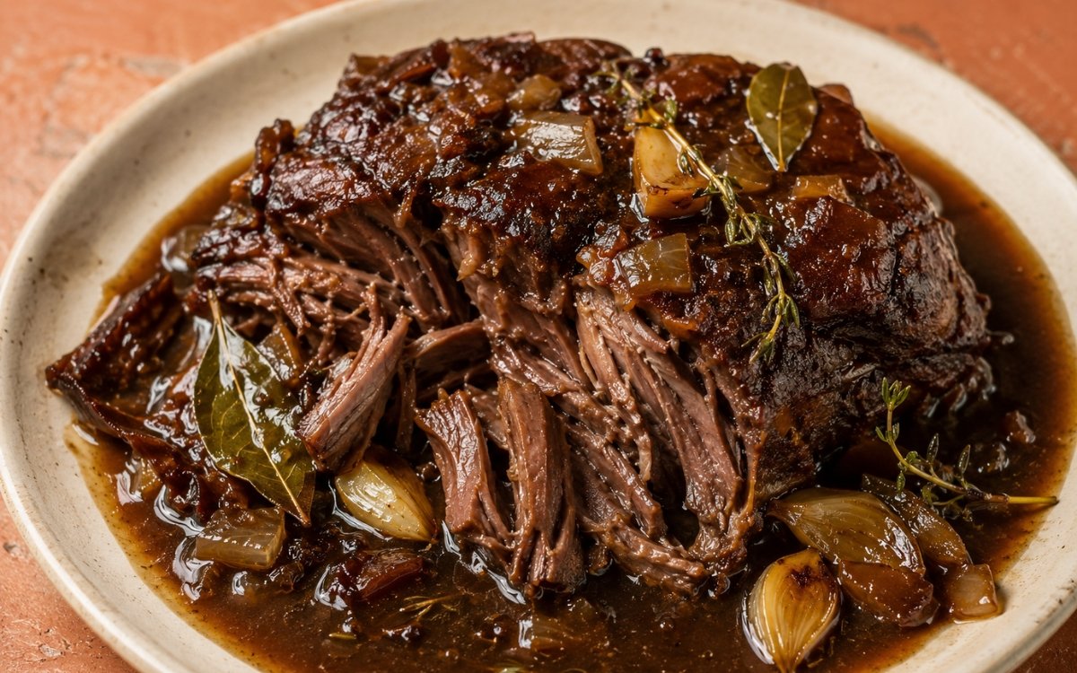 Fork-tender braised beef chuck steak in rich brown sauce with herbs on a ceramic white plate