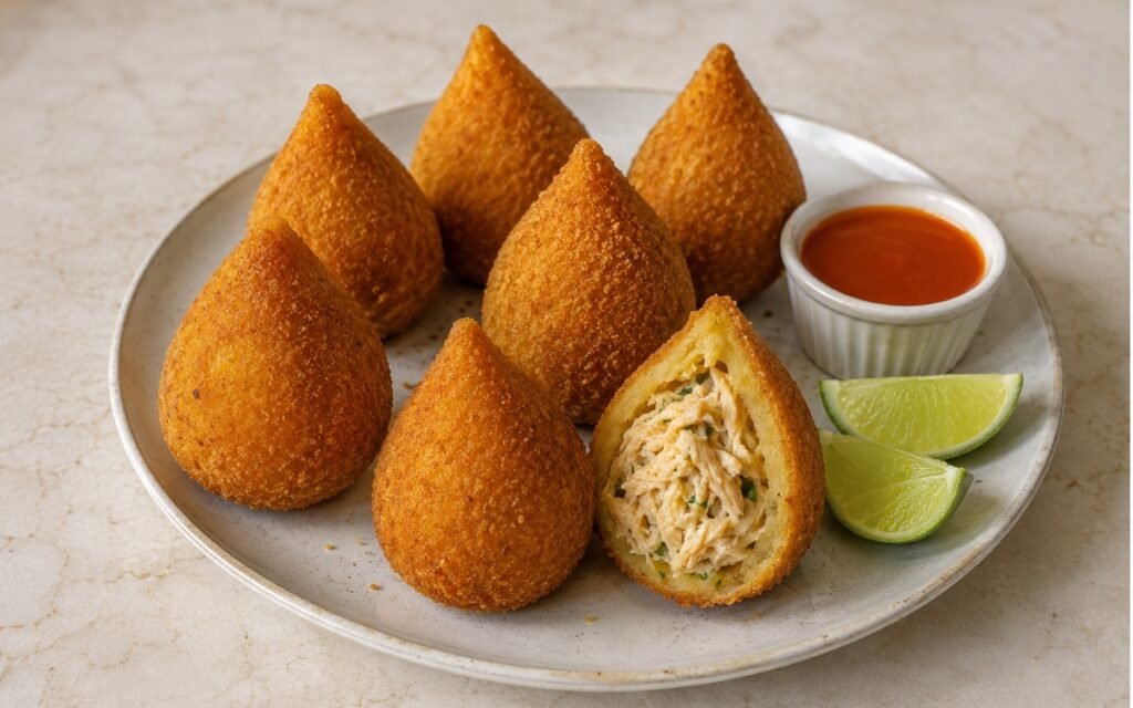 Golden teardrop-shaped Brazilian coxinhas with one cut open showing the soft dough shell and creamy shredded chicken filling, served with hot sauce and lime wedges on marble surface