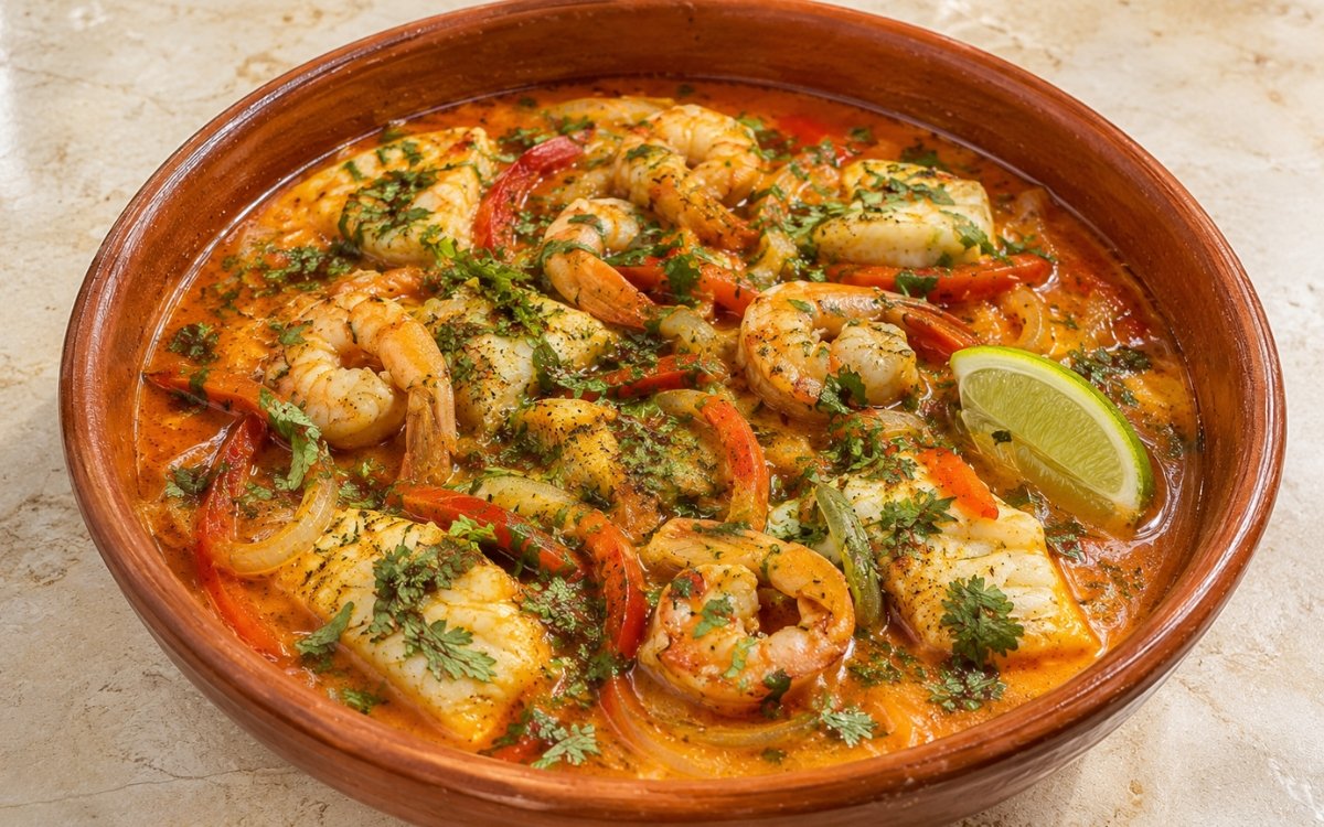 Bowl of Brazilian moqueca showing vivid orange coconut broth with white fish, pink shrimp, thick red pepper slices, and fresh cilantro in a terracotta bowl on marble surface