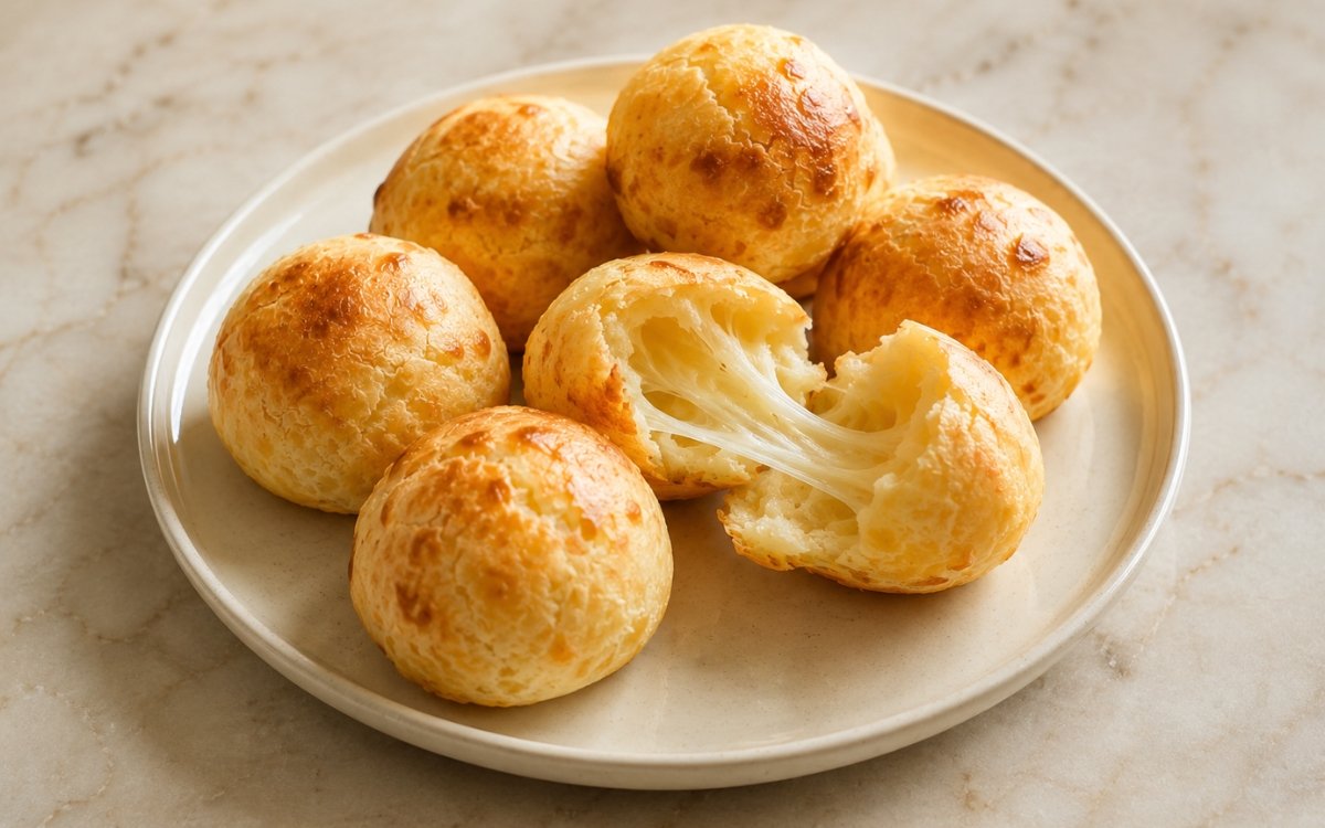 Golden puffed pão de queijo cheese breads on a tray with one broken open showing the soft white chewy interior and melted cheese pull on marble surface