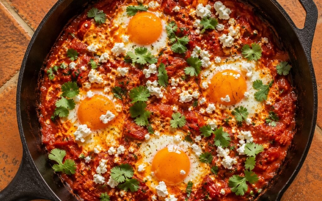 Easy breakfast shakshuka in a cast iron skillet showing six gently baked eggs nested in a rich spiced tomato sauce with crumbled feta, fresh cilantro, and visible cumin and paprika colour on marble surface