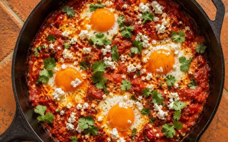 Easy breakfast shakshuka in a cast iron skillet showing six gently baked eggs nested in a rich spiced tomato sauce with crumbled feta, fresh cilantro, and visible cumin and paprika colour on marble surface