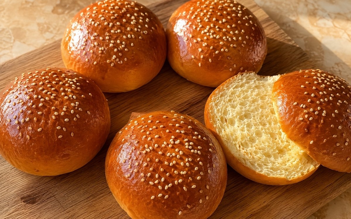 golden brioche burger buns on a wire rack showing deep golden glossy egg-washed surface with soft rounded shape on marble surface