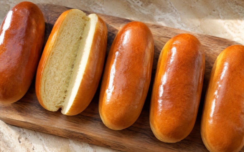 golden brioche hot dog buns on a wire rack showing deep golden glossy egg-washed surface with elongated log shape on marble surface