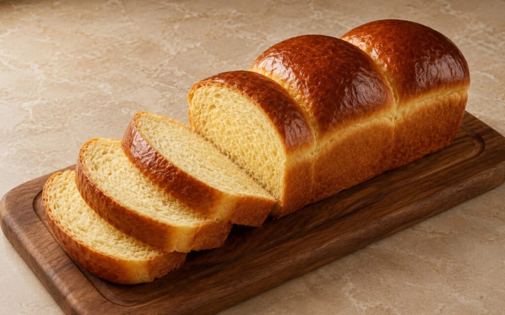 Brioche toast bread on a marble surface showing a golden, glossy egg-washed loaf with three distinct crowns sliced to reveal the soft, open, golden-yellow crumb with visible buttery layers