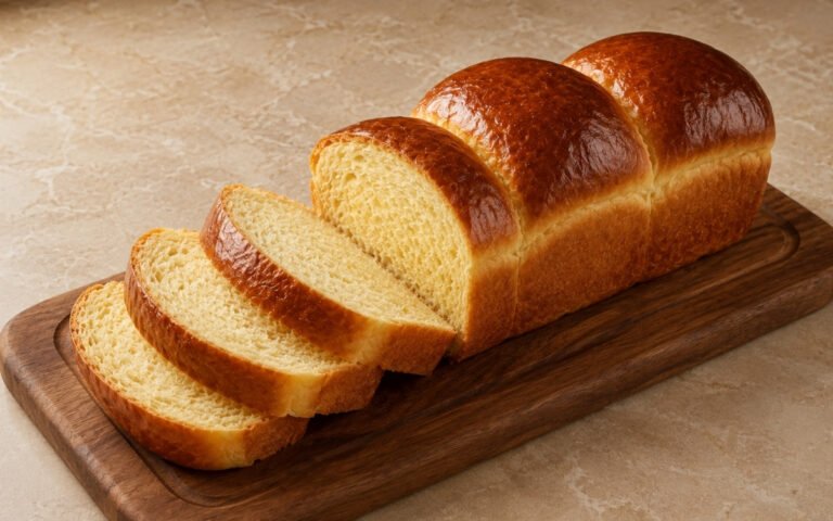 Brioche toast bread on a marble surface showing a golden, glossy egg-washed loaf with three distinct crowns sliced to reveal the soft, open, golden-yellow crumb with visible buttery layers