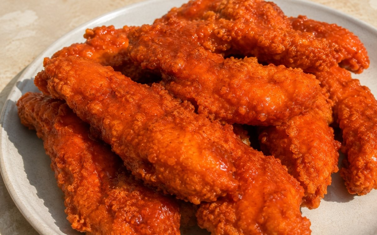 Buffalo chicken tenders coated in tangy buffalo sauce on a plate
