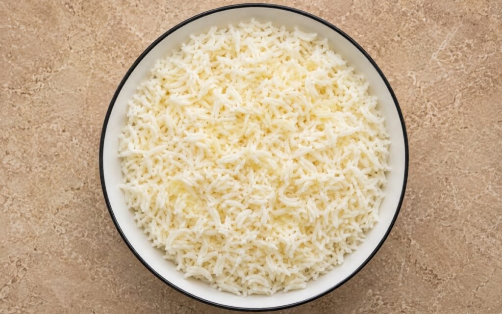 Overhead view of fluffy golden butter rice