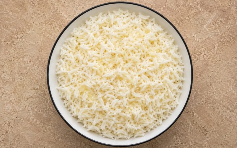 Overhead view of fluffy golden butter rice