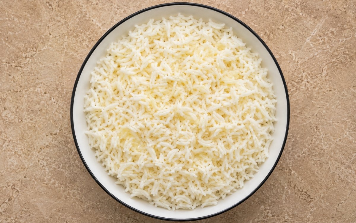 Overhead view of fluffy golden butter rice