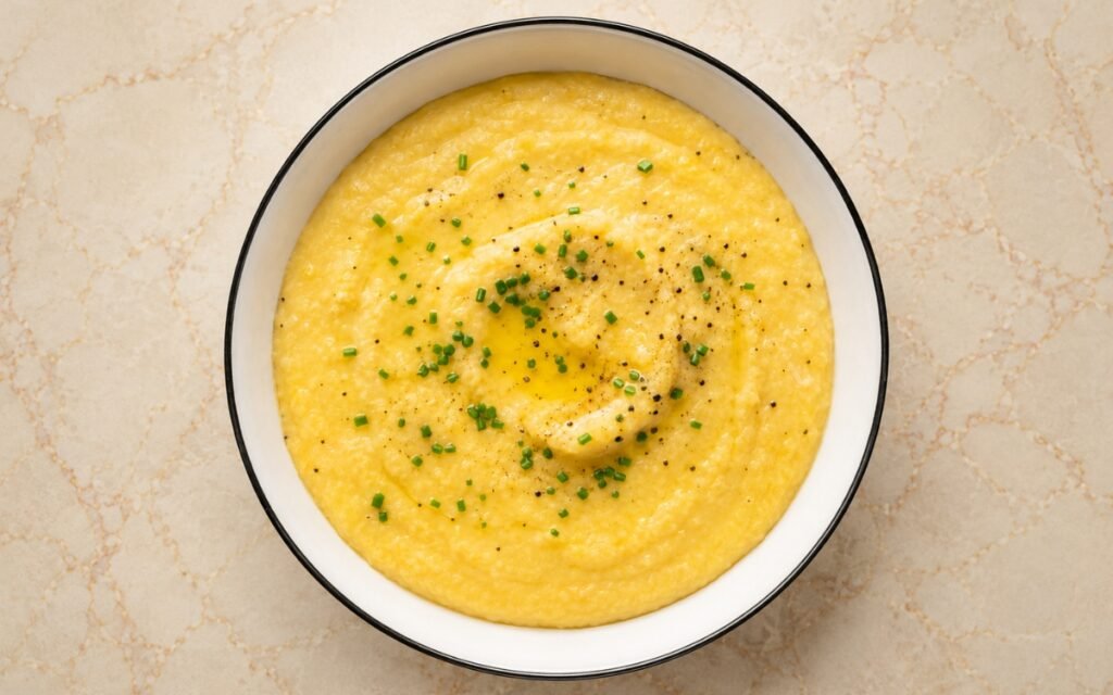 Buttery polenta creamy and golden garnished with fresh chives