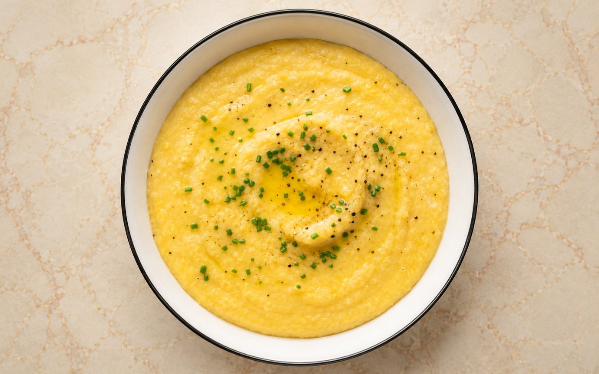 Buttery polenta creamy and golden garnished with fresh chives