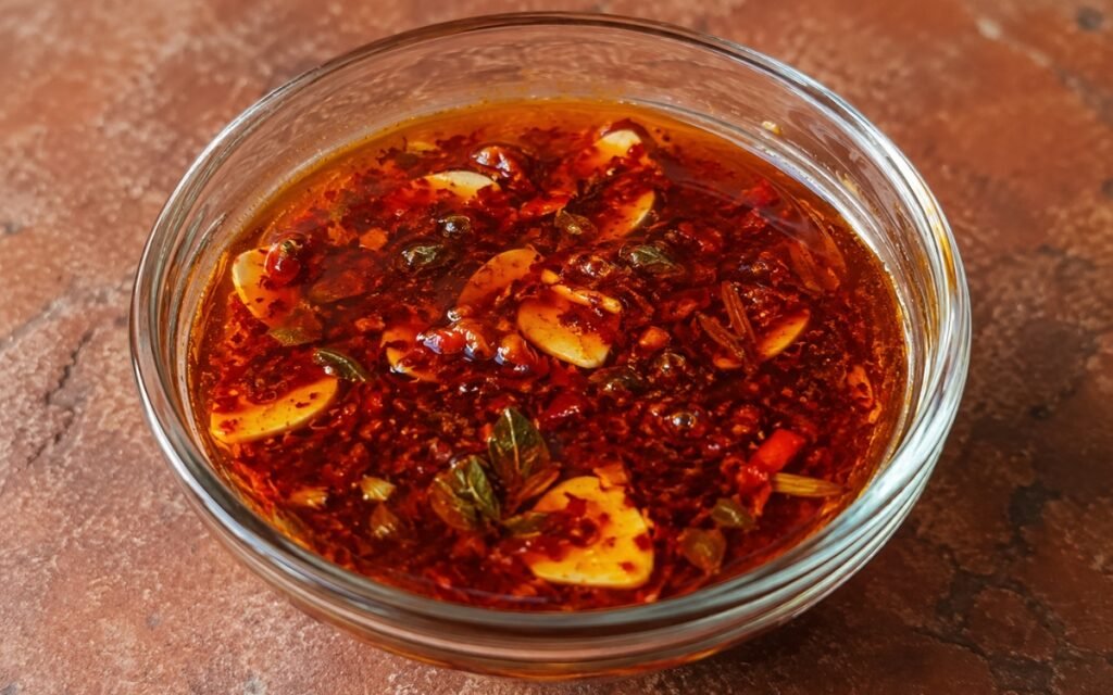Calabrian chili oil drizzle in a small jar showing red-orange oil with visible chili pieces and garlic slices