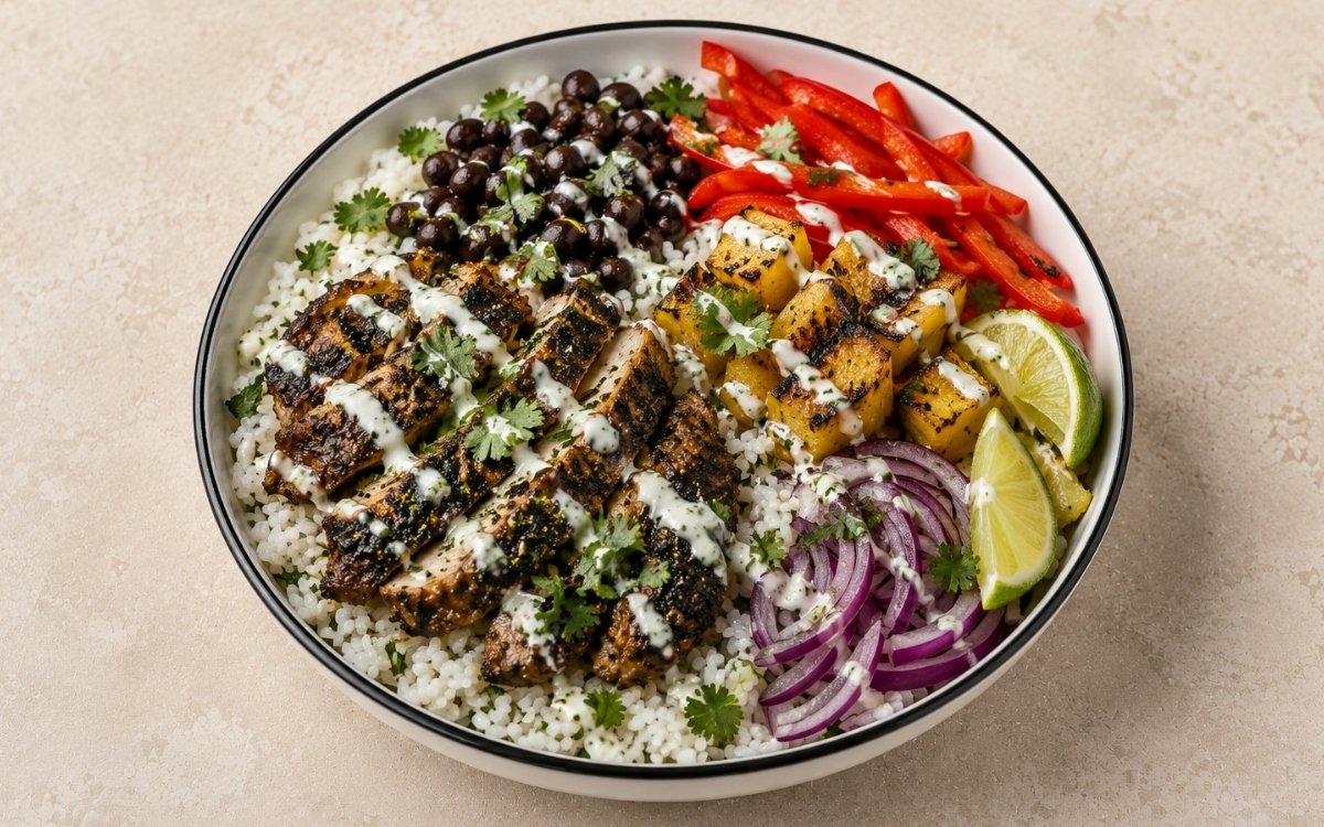 Caribbean jerk chicken rice bowl with charred jerk chicken strips over coconut rice with black beans, charred pineapple, red bell pepper, red onion, lime-cilantro crema and cilantro in a white ceramic bowl with black rim