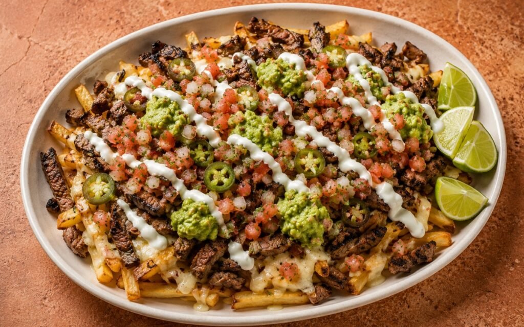 Wide tray of carne asada fries showing crispy golden fries layered with charred chopped steak, melted cheese, chunky guacamole, pico de gallo, and sour cream drizzle on marble surface
