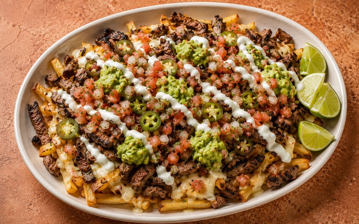 Wide tray of carne asada fries showing crispy golden fries layered with charred chopped steak, melted cheese, chunky guacamole, pico de gallo, and sour cream drizzle on marble surface